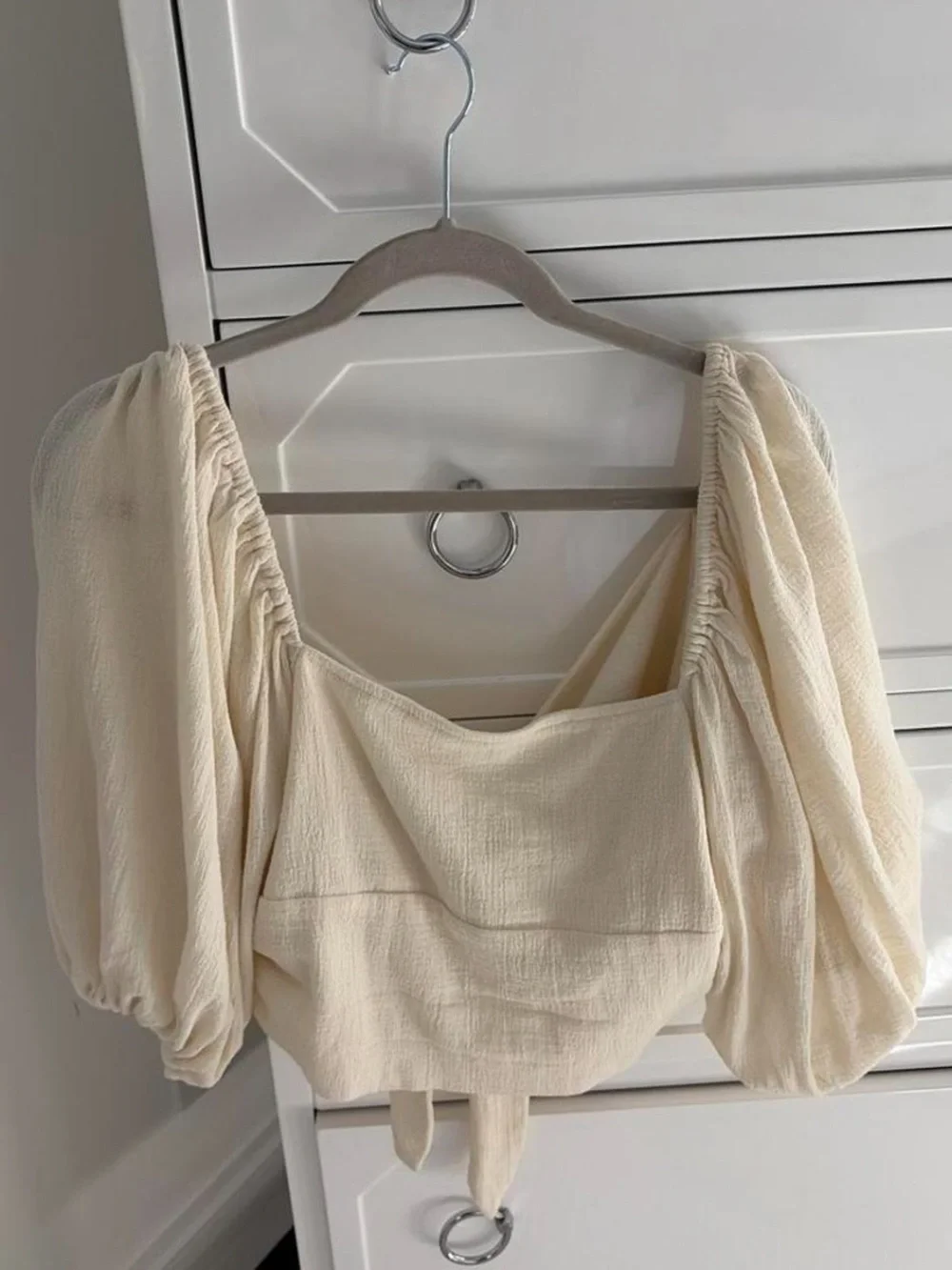 Free People Cream Boho Chic Tie-Front Puff Sleeve Blouse